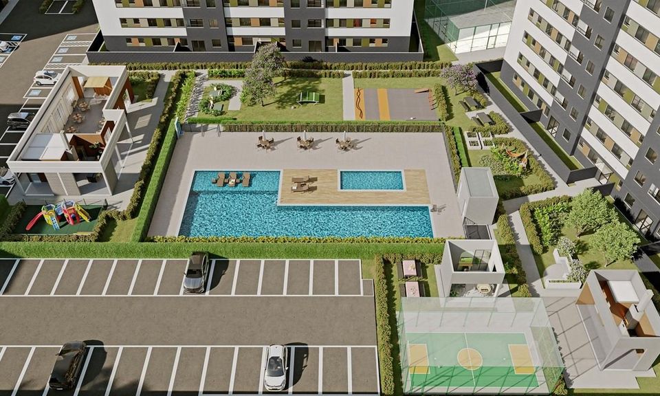 Vista aérea ilustrativa da área de lazer do Giardino Florença, com piscinas, playground, quadras, espaços de convivência e estacionamento