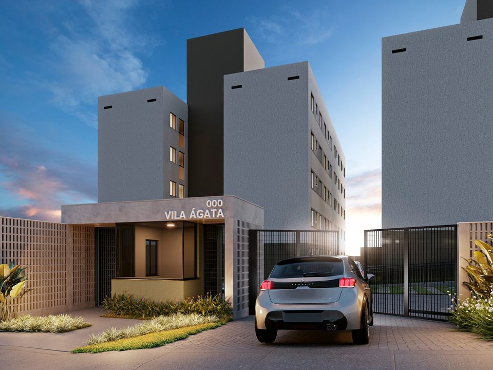Perspectiva ilustrativa da entrada do Vila Ágata ao entardecer, com guarita, portões, um carro na portaria e blocos de apartamentos ao fundo