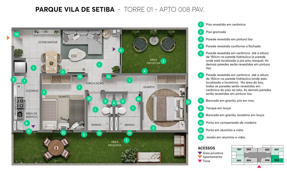 Planta ilustrativa do apartamento 008 (térreo) do Parque Vila de Setiba: dois quartos, dois banheiros, cozinha, sala e áreas privativas gramadas