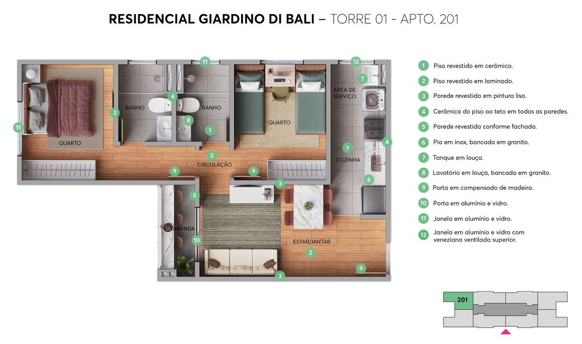 Planta ilustrativa do apartamento 201 do Giardino Di Bali: dois quartos, dois banheiros, cozinha, sala de estar e jantar e varanda
