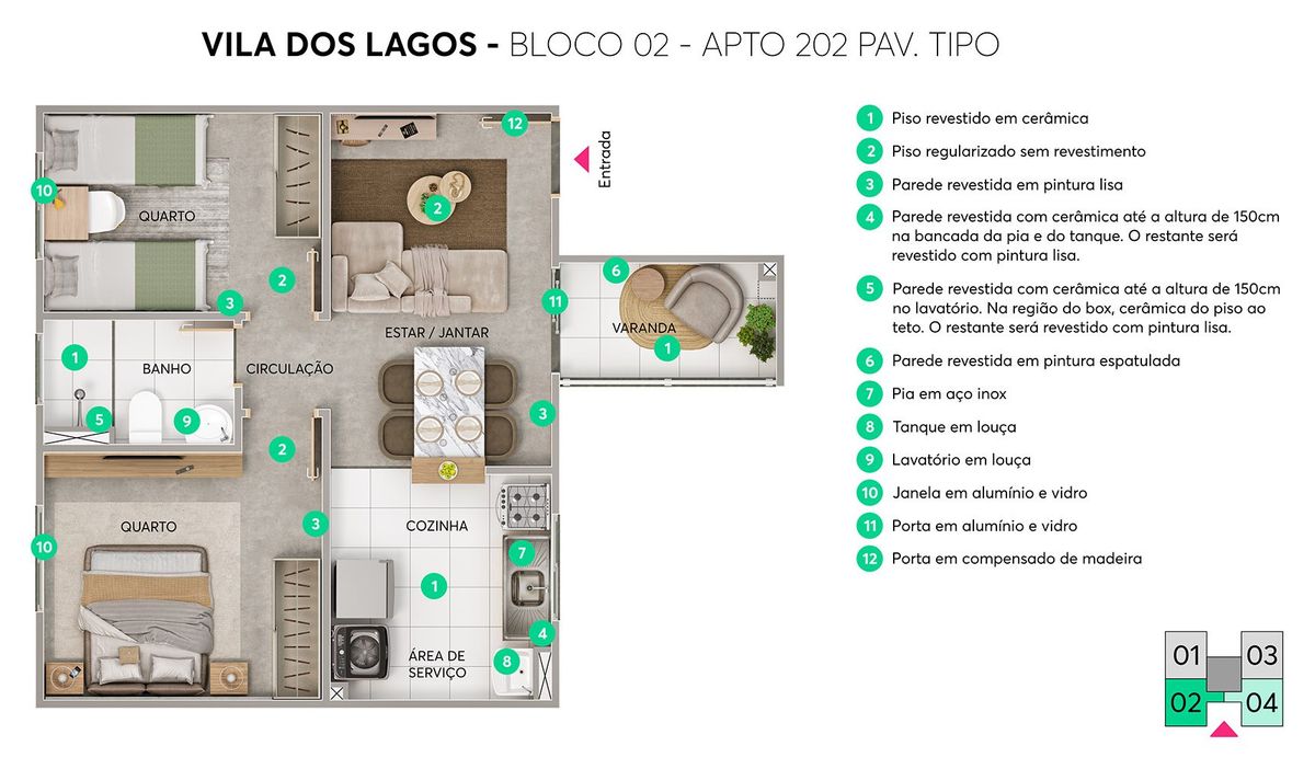 Planta ilustrativa do apartamento 202 (pavimento tipo) do Vila dos Lagos: dois quartos, banheiro, cozinha, área de serviço, sala e varanda