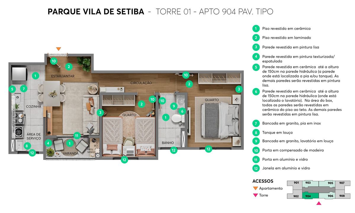 Planta ilustrativa do apartamento 904 (pavimento tipo) do Parque Vila de Setiba: dois quartos, banheiro, cozinha, sala e varanda