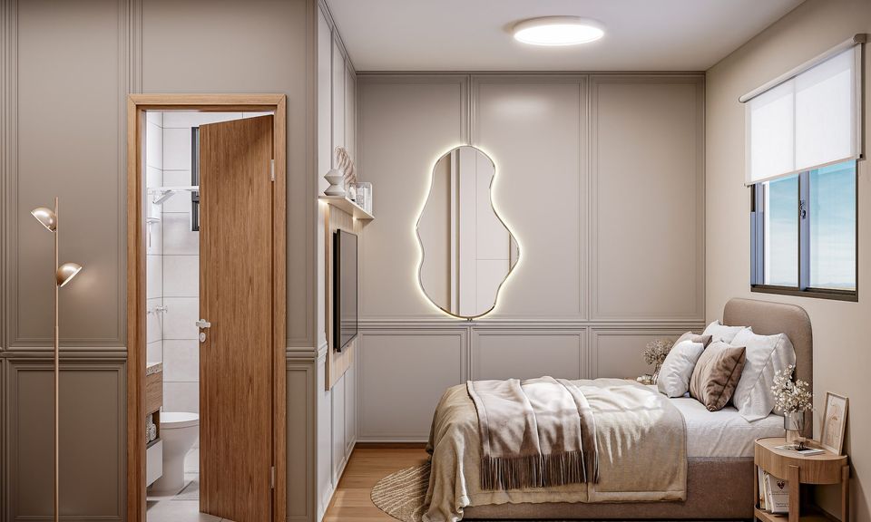 Perspectiva ilustrativa do quarto maior de um apartamento do Parque Vila de Setiba, com cama de casal, espelho iluminado, TV e banheiro