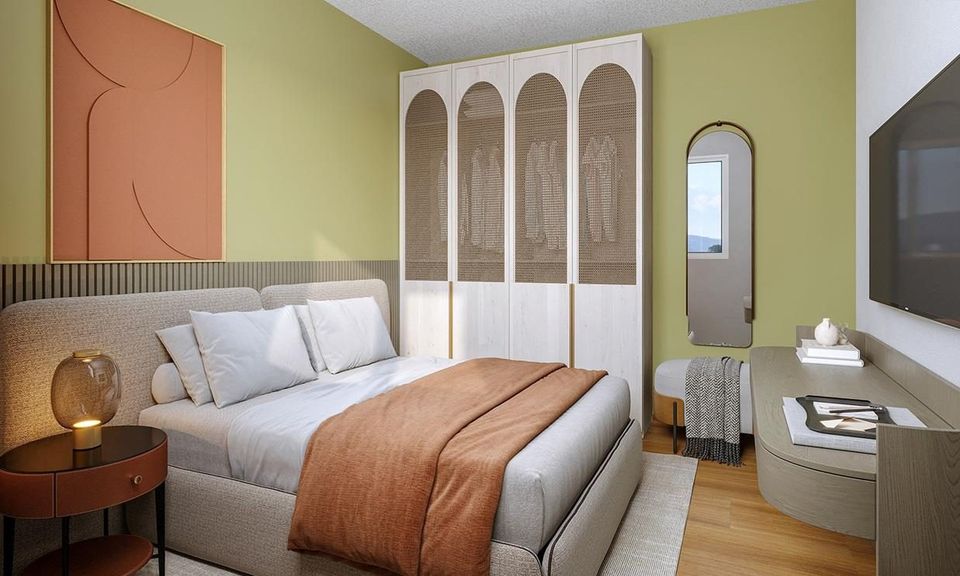 Perspectiva ilustrativa do quarto maior de um apartamento do Vila dos Lagos, com cama de casal, guarda-roupa com portas em arco e TV na parede