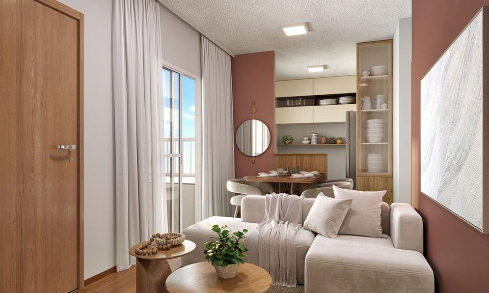 Perspectiva ilustrativa da sala e da cozinha de um apartamento do Vila dos Lagos, com sofá de canto, cortinas, mesa de jantar e armários ao fundo
