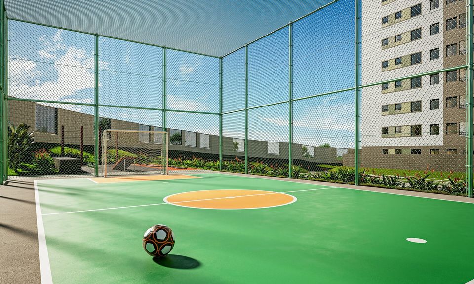 Perspectiva ilustrativa da mini quadra do Parque Vila de Setiba, com piso verde, trave, tela de proteção e torre de apartamentos ao lado