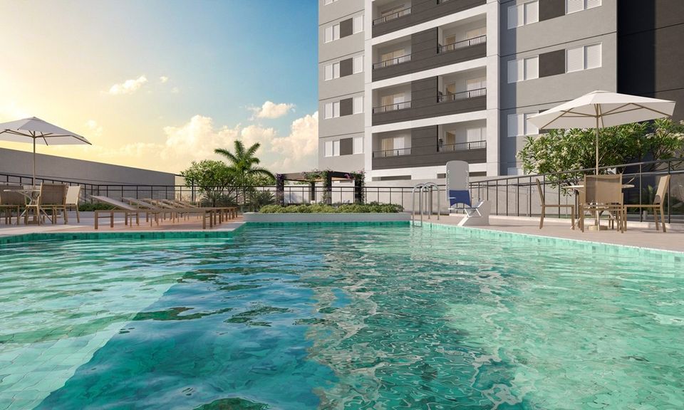 Perspectiva ilustrativa da piscina do Parkside, com água em primeiro plano, espreguiçadeiras, guarda-sóis, mesas e torre ao fundo