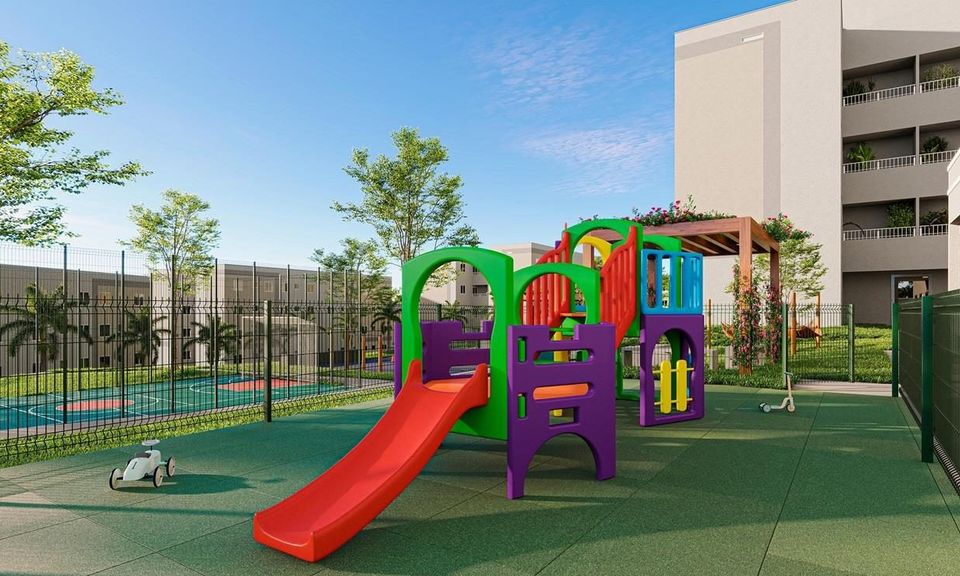 Perspectiva ilustrativa do playground do Vila Serrana, com brinquedos coloridos, escorregador vermelho e quadra ao fundo